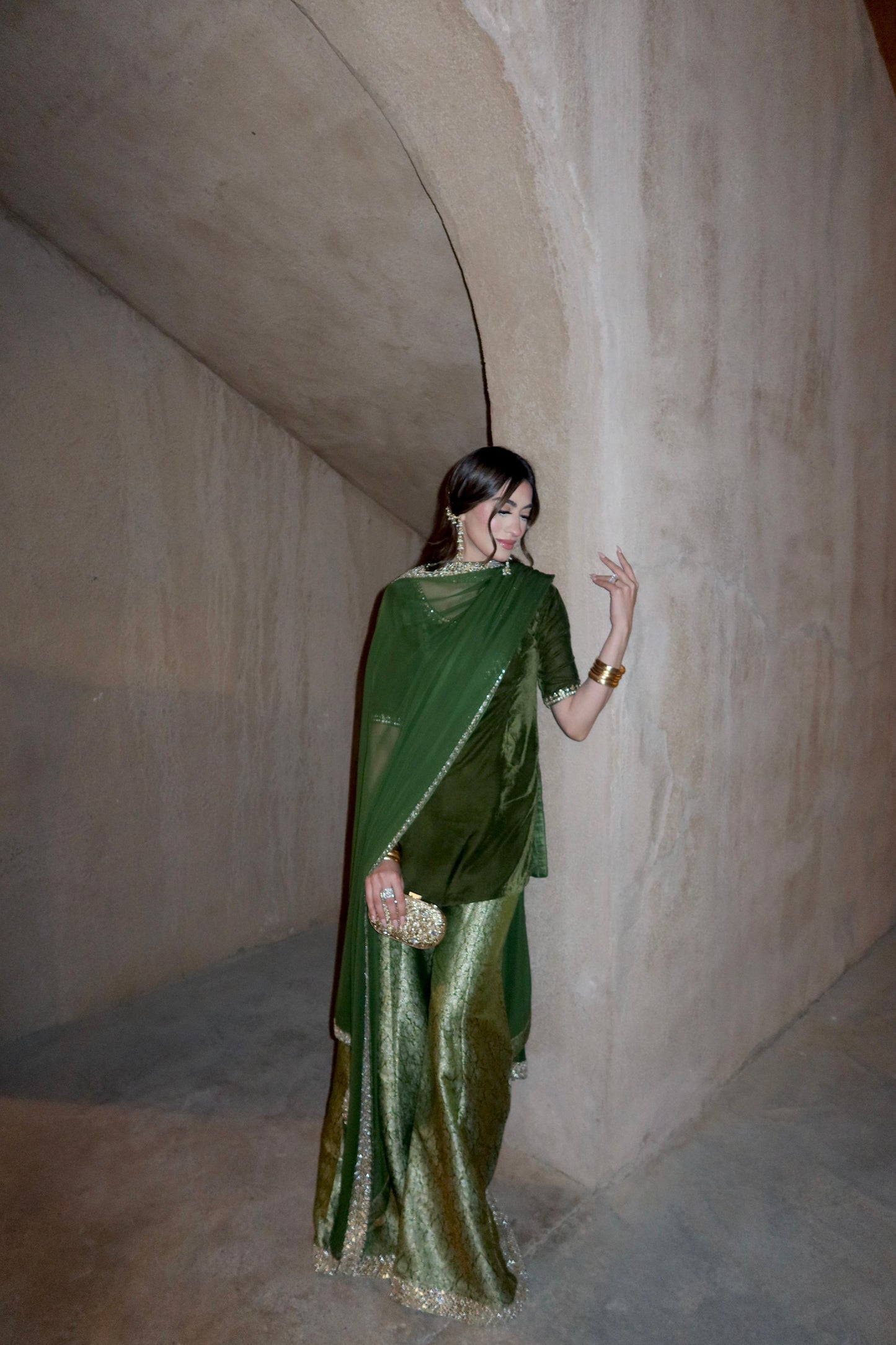 Aila Olive Velvet Shirt & Sharara