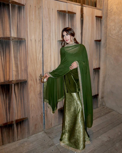 Aila Olive Velvet Shirt & Sharara