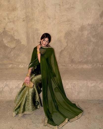 Aila Olive Velvet Shirt & Sharara