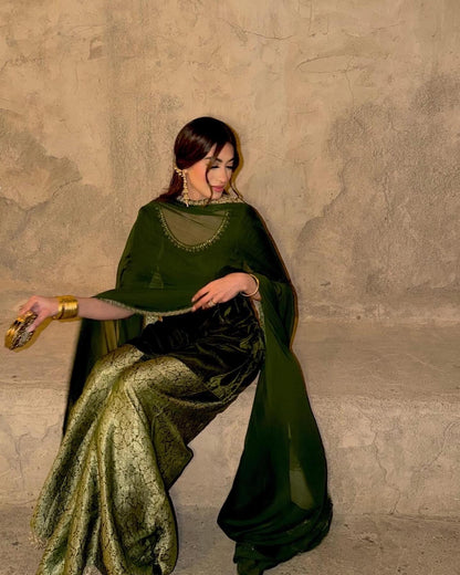 Aila Olive Velvet Shirt & Sharara