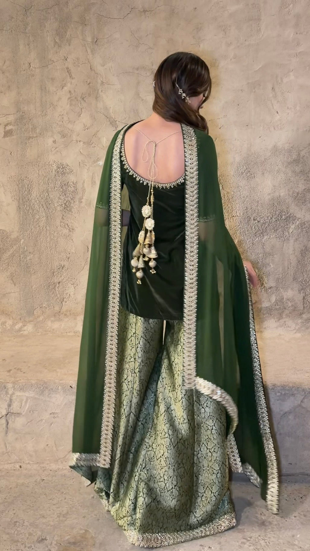 Aila Olive Velvet Shirt & Sharara