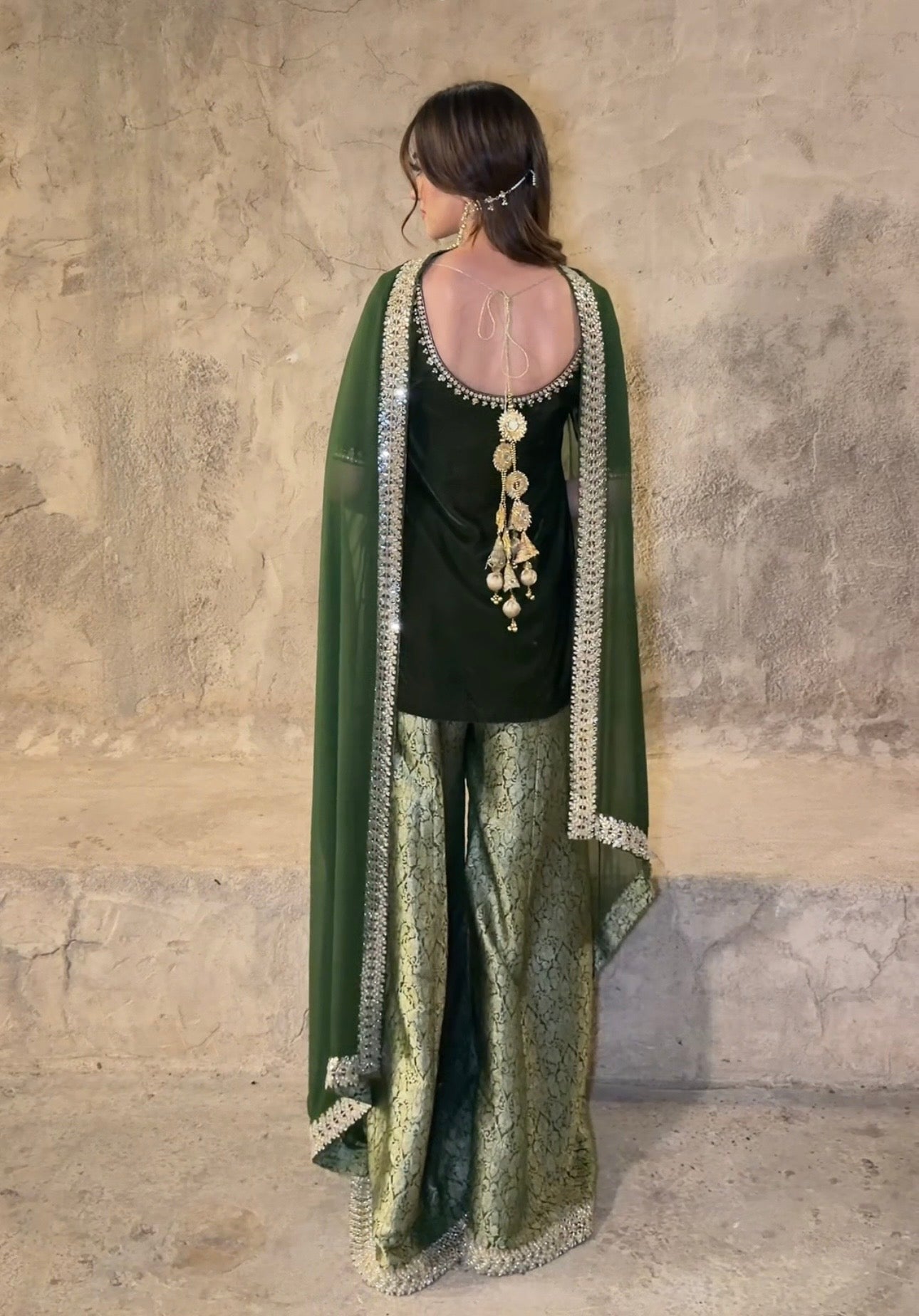 Aila Olive Velvet Shirt & Sharara