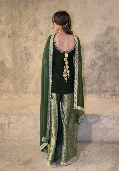 Aila Olive Velvet Shirt & Sharara