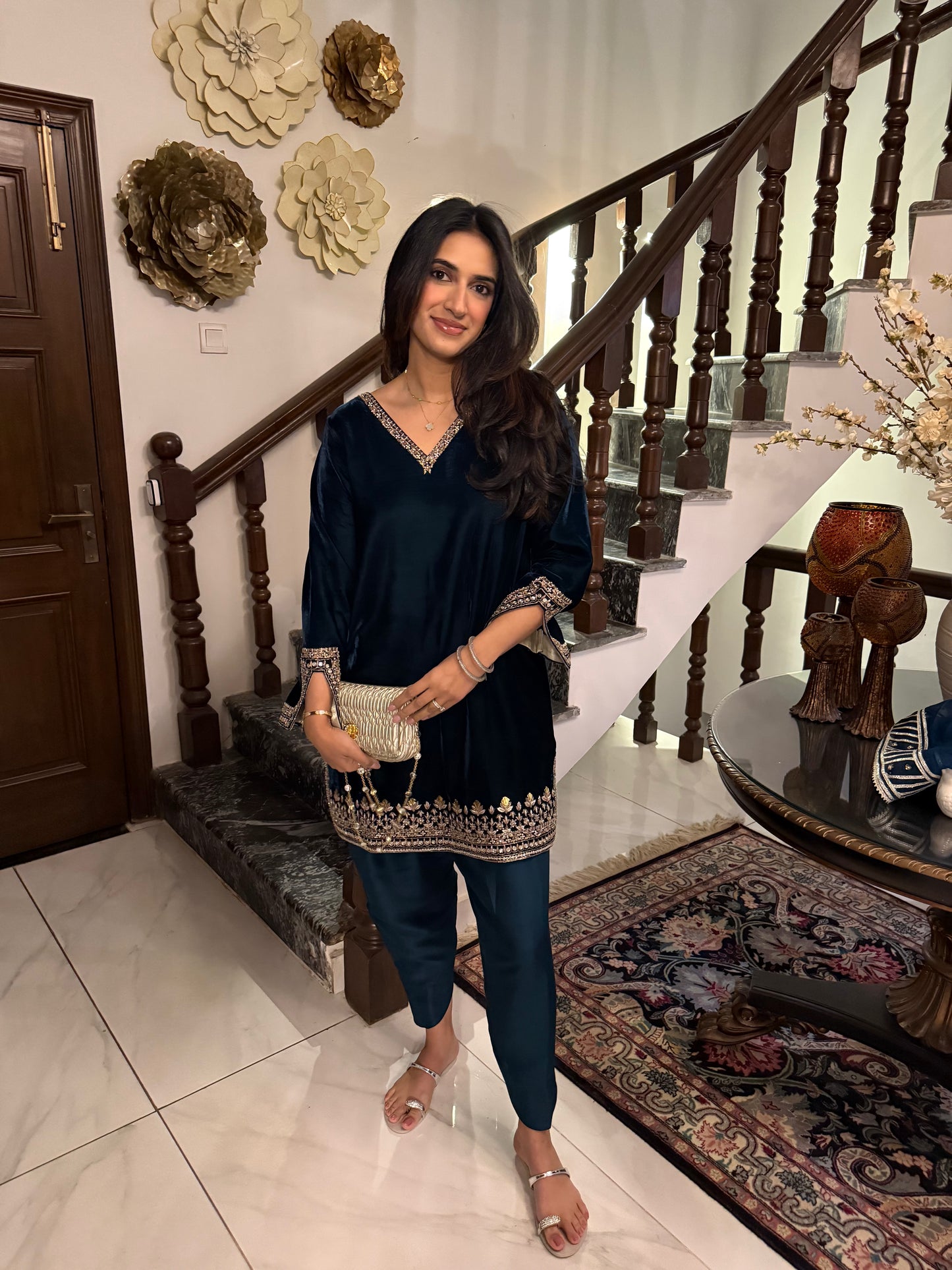 Zuri Teal Velvet Kurta & Shalwar