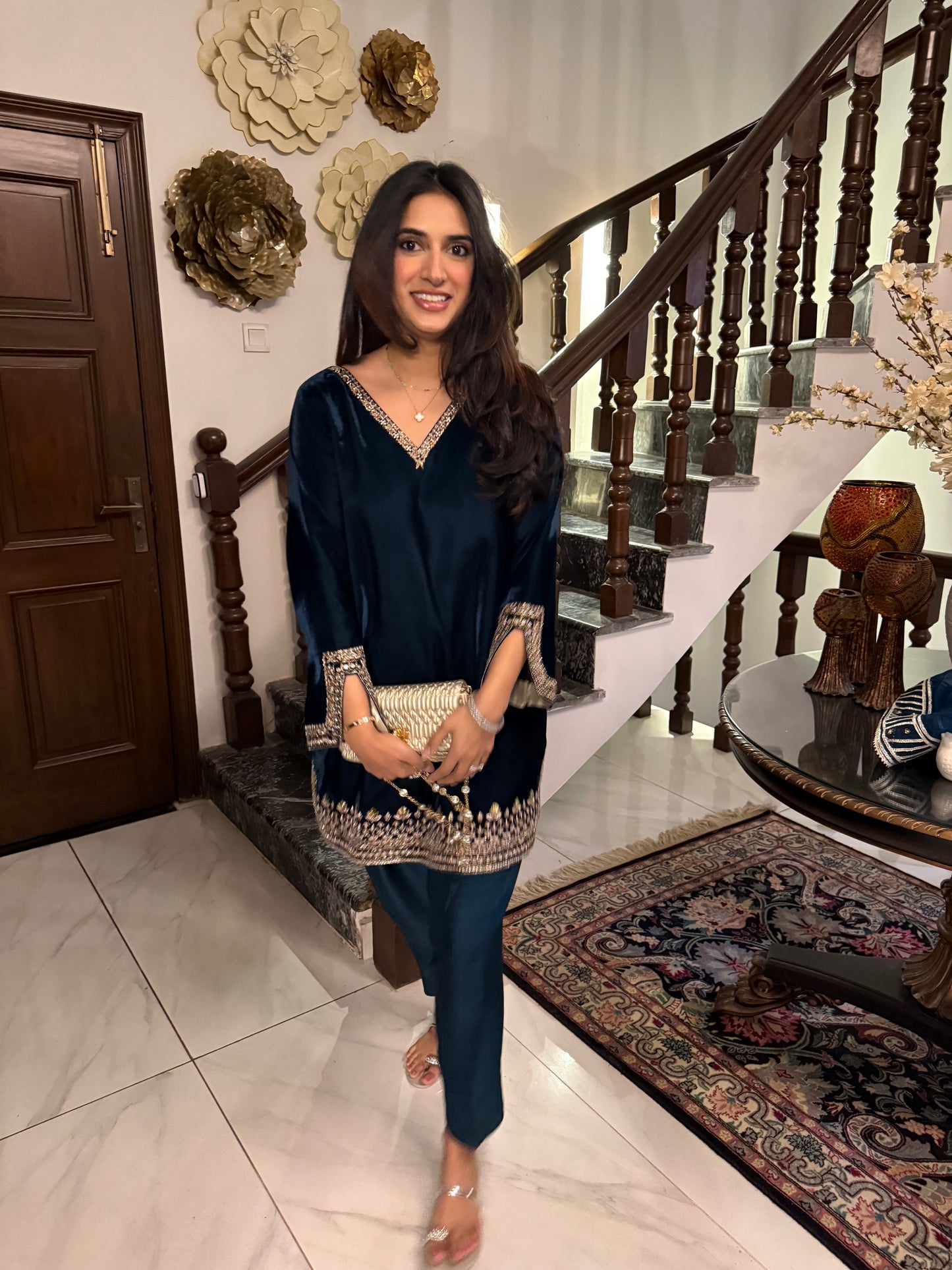 Zuri Teal Velvet Kurta & Shalwar